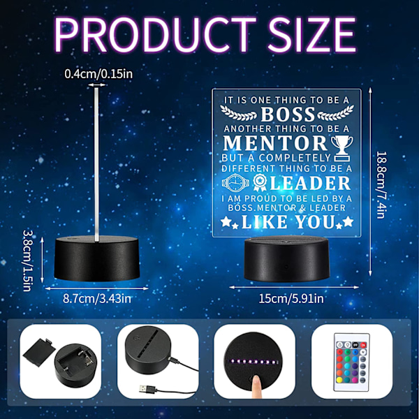 Boss-gåva Nattlampa Akryl 3D Illusionlampa Fjärrkontroll Smart Touch 7 Färgförändring Dekor LED-lampa med USB för Kvinnor Män Flickor Pojkar Födelsedag