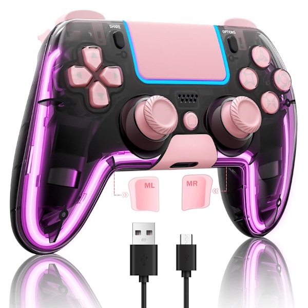 Trådlös handkontroll för PS4 med Hall 3D-joysticks/RGB LED-lampor/programmeringsfunktion, rosa PS4-handkontroll fjärrkontroll joystick gamepad, spelkontroll för P Pink