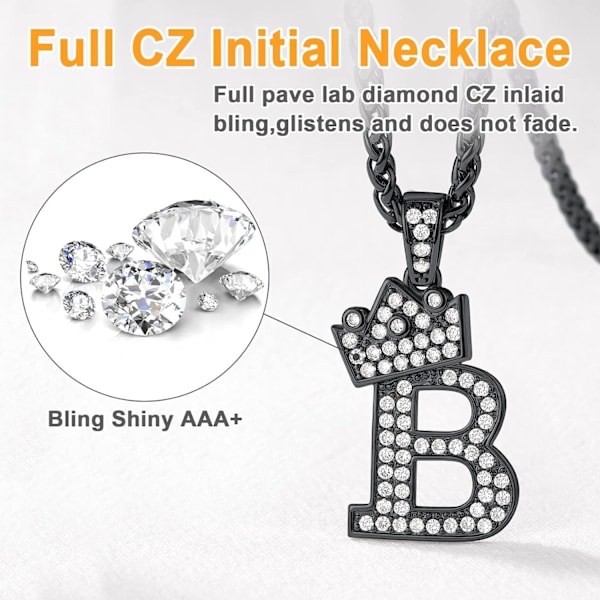 Krone Initial A-Z Halskæde, Iced Out Bogstav Vedhæng med 22-24 Tommer Kæde, Mænd Kvinder Bling Hip Hop Alfabet Navn Smykker Gave Store Initialer Halskæder B Black