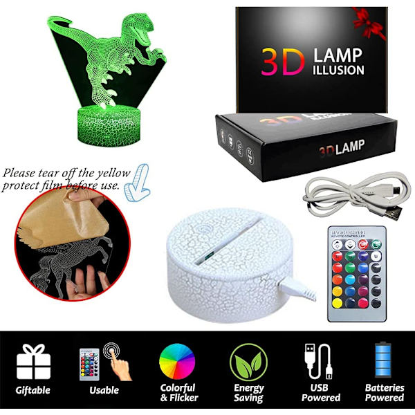 Dinosaurie nattlampor, 3D T-Rex Illusion Light 16 färger Chan