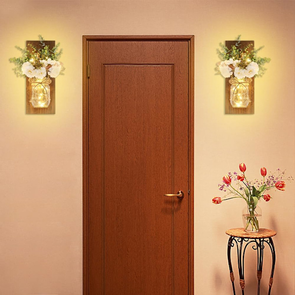2 st rustika vägglampetter handgjorda väggkonst hängande design med fjärrkontroll LED, juldekoration present heminredning vardagsrumslampor Peony+brown Board
