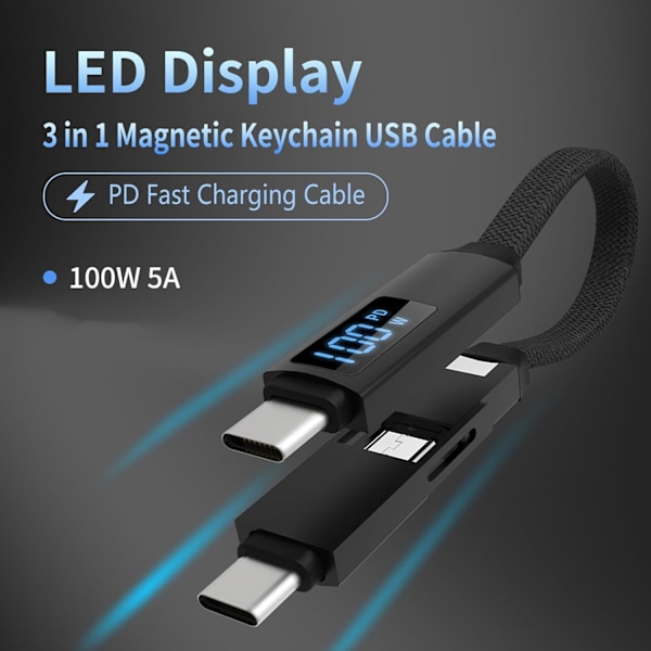 Magnetisk Nyckelring Laddningskabel med LED-display, 3-i-1 med 100W Ultrasnabb USB-C Laddningskabel, Universal Laddningskabel Kort för Resor Sliver