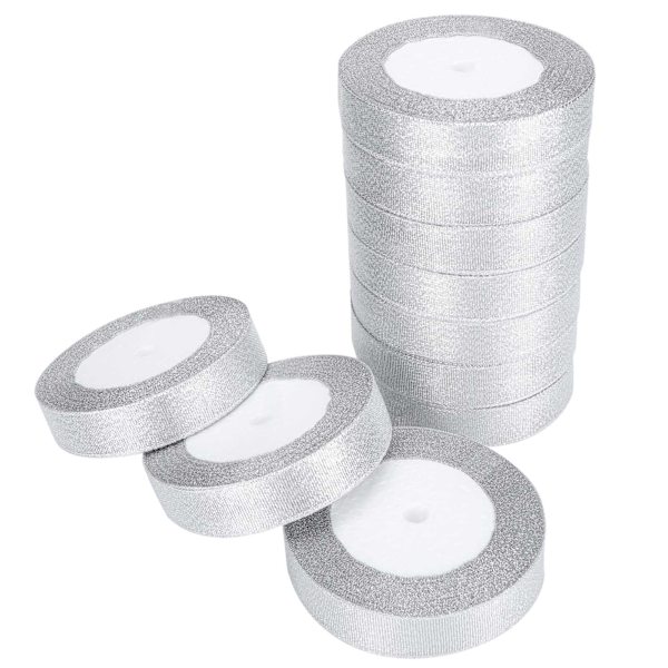 10 rullar glitter satinband polyester presentförpackning bröllopsdekoration festtillbehör silver