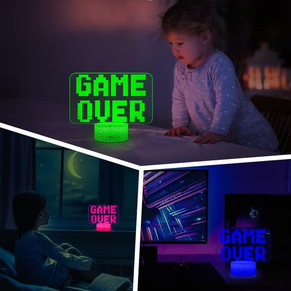 Gaming Lampe Game Over Nattlys 3D Illusjonslamper, Dimbare