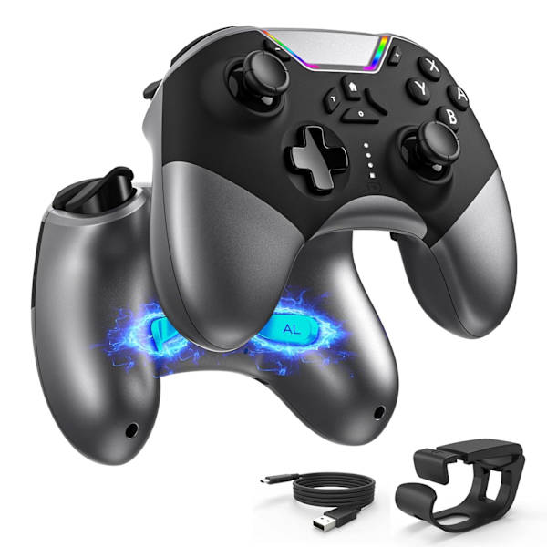 Bluetooth-controller til Switch/PC/iPhone/Android/Apple Arcade MFi-spil/TV/Steam, Pro trådløs spilcontroller med telefonklip med nyligt lanceret L Black