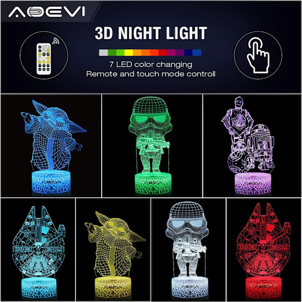 Star Wars-gåvor 3D nattlampa för barnrumsinredning, Star Wars-leksaker med 7 färger som byter Starwars-lampa med fjärrkontroll och timer, gåvor till bror
