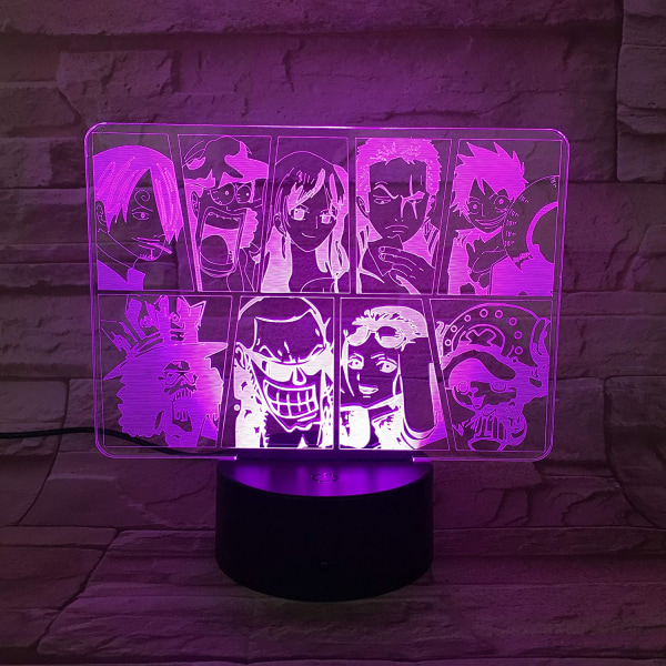 One Piece Luffy 3D Illusions nattlampe med smart berøring, RGB-effekt, USB-kabeldrevet, kreativ 3D japansk anime-lampe