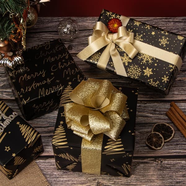 Mini Svart Guld Julklappspapper 43x305cm Glitter Snöflinga Träd 3-pack