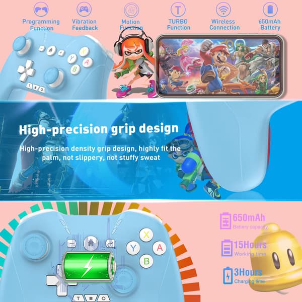 Bluetooth-controller til Switch/PC/Steam/Apple Arcade MFi-spil osv., Switch Pro-controller trådløs med justerbar dobbeltbevægelse, Turbo, Makroer, 6-akset Blue