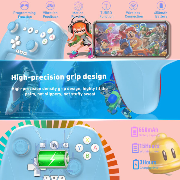 Bluetooth-kontroller för Switch/Mac/PC/Steam/mobiltelefon/iOS/Android//TV/iPad/bord/Apple Arcade MFi-spel, trådlös Switch Pro-kontroller med Adju Blue