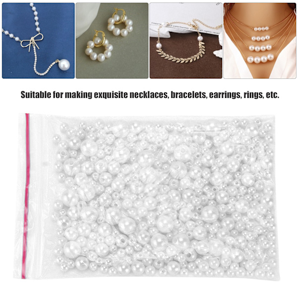 370 stk perler DIY hvite runde ABS håndverksperler med hull for smykkehalskjede armbåndslaging