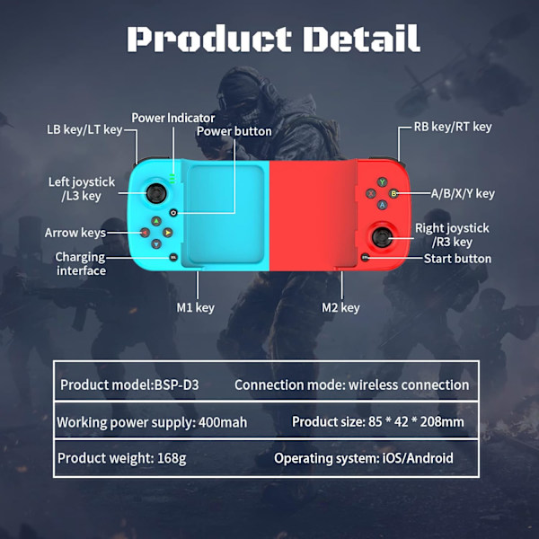 Bluetooth-controller til iPhone, Android, direkte afspilning, lav latenstid, telefoncontroller-gamepad-joystick til Galaxy S23 S22 S21 20 Ultra, iPhone 14 13 1 Blue+Red