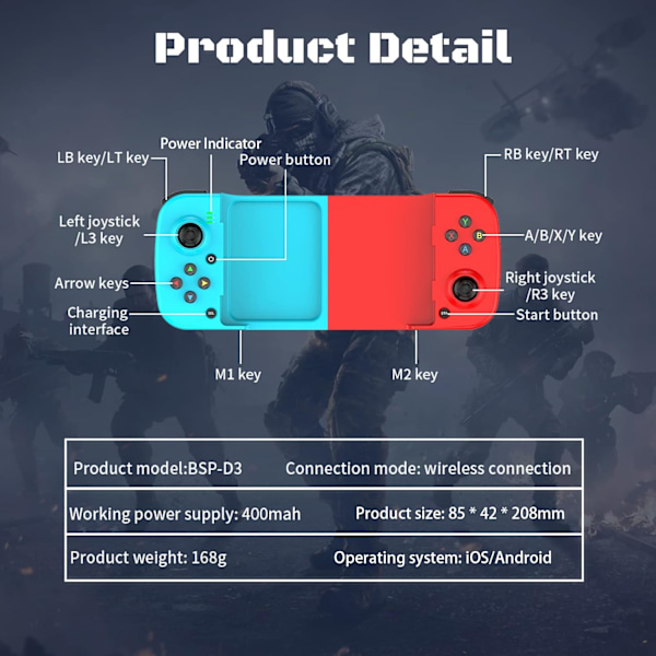 Bluetooth-kontroller för iPhone, Android, direkt spel, låg latens, telefonkontroller spelkontroll joystick för Galaxy S23 S22 S21 20 Ultra, iPhone 14 13 1 Blue+Red