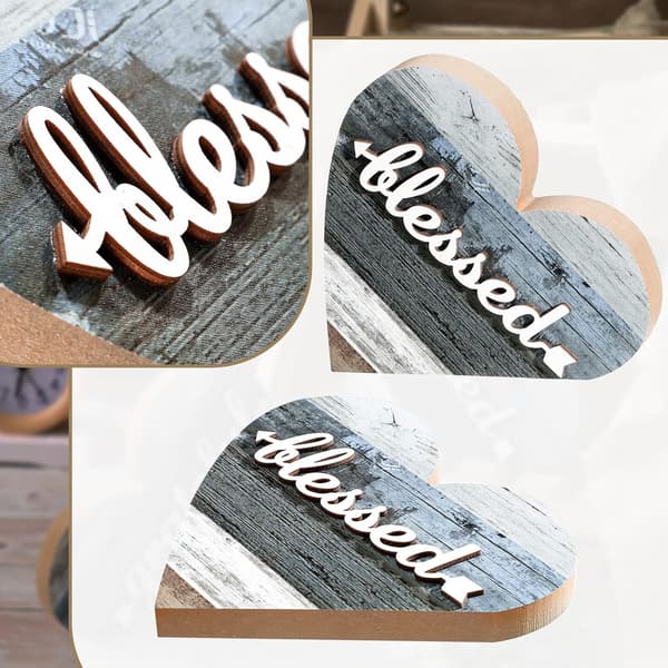 Rustikke hjerteformede treskiltsett - \"Grateful & Blessed\" gårdsinnredning for skrivebord, hylle