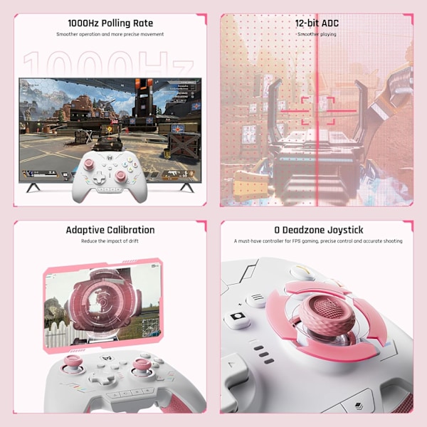 Trådløs Controller, BIGBIG WON Rainbow 2 SE, Hall Effect Trigger, 12-bit ADC, 3 Sæt Joysticks, 4-vejs & 8-vejs D-pad Controller til Switch/PC/Android/iOS Pink