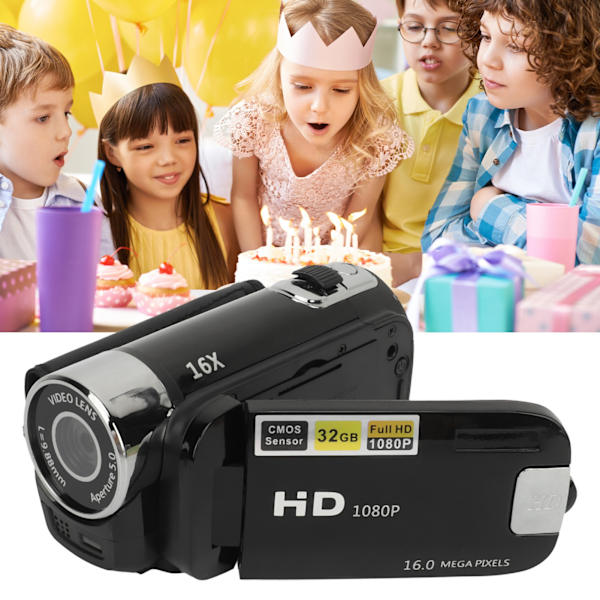 D90 1080P 16MP Digitalkamera 2,4 tommer roterbar skærm videokamera 16X zoom HD videooptager med fyldlys Black