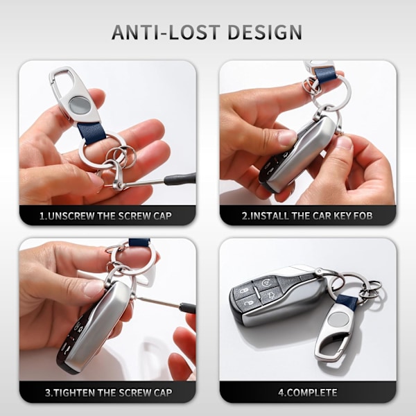 Karabinhage nøglering, nøgleringe til bilnøgle med 2 nøgleringe og anti-tabt D-ring, multifunktionelle nøgleringe til mænd og kvinder-sølv (blåt læder) Silver Blue Leather