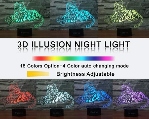Tiger 3D Illusion Natlampe Legetøj, 16 Farver Skift Smart Til