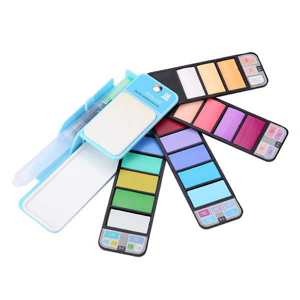 18 farver vifteformet pigment maleri sæt fast akvarel foldbar dragt (blå palet)