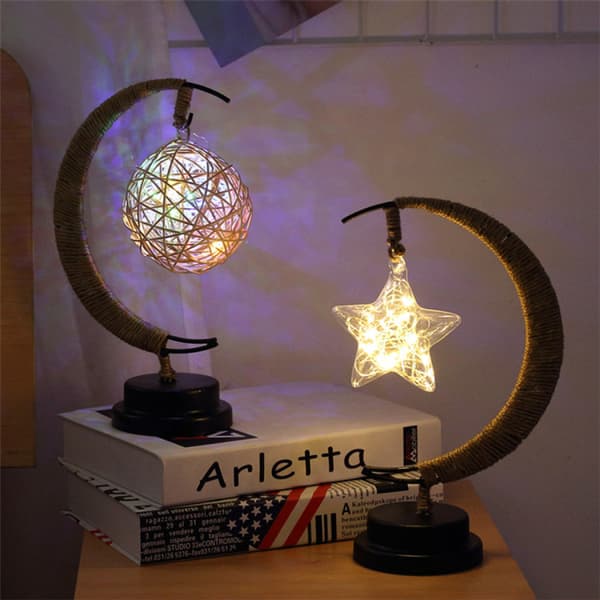 Varmhvit LED Måneformet Lampe Hampetau Jernrottingkule