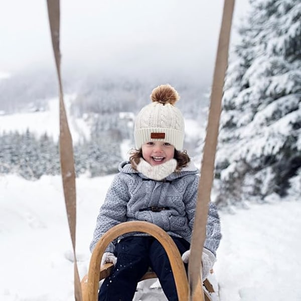 Børne Vinterhat, Halsvarmer og Handsker Sæt, Toddler Vinterhat Strikket Handsker Halsvarmer med Fleecefoer til Børn 2-5 År White