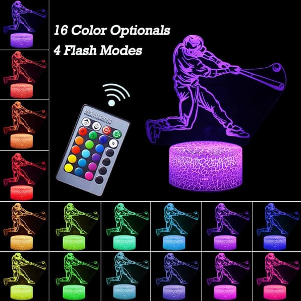 Baseballspiller Natlampe, 3D Illusion Lampe Baseballspiller