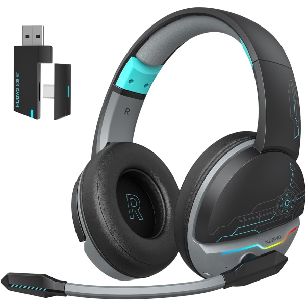 G08 Dual Wireless Gaming Headset med mikrofon til PS5, PS4, PC, Mobil, Tablet: 2,4Ghz Wireless + 5,3 Bluetooth - Letvægts - RGB Light - Blå Blue