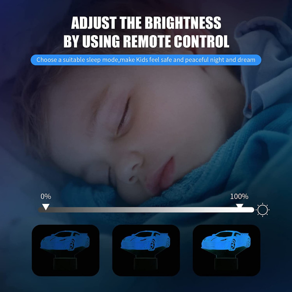 Bilpresent Bil Nattlampa för barn, 3D Light 7 Colors Change w