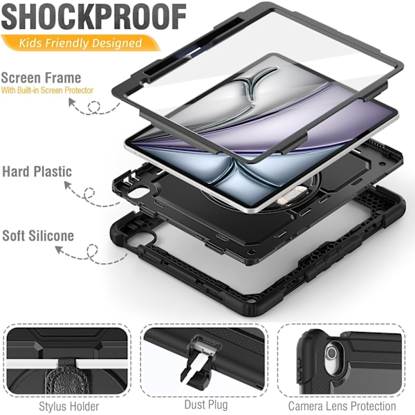 Skal för iPad Air 11 tum (M2 2024), Stötsäker Design med Pennhållare/Skärmskydd/Roterande Handrem, Skyddande Fodral för Black New iPad Pro 11 2024