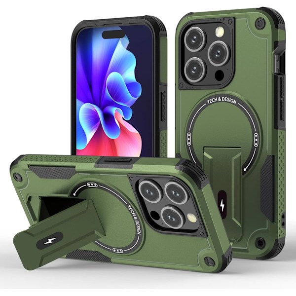 Magnetiskt iPhone-fodral med stativ, kompatibelt med MagSafe, robust inbyggt stativ, militärklassat fallskydd stötsäkert för iPhone Green iPhone 13 Pro