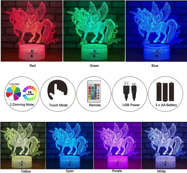 T-rex Dinosaur + Unicorn 3D nattlys (2 i 1 pakke)