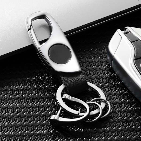 Karbinhake Nyckelring, Nyckelkedjor för Bilnyckel med 2 Nyckelringar och Anti-Lost D-Ring, Multifunktionella Nyckelringar för Män och Kvinnor-Silver(Svart Läder) Silver Black Leather