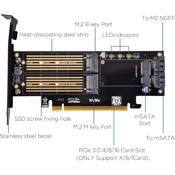 3 i 1 M.2 og mSATA SSD-adapterkort for M.2 NVME/NGFF SSD til PCIE-adapter, mSATA til SATA-adapter med aluminiums kjøleribbe for Windows, Mac og Linux O