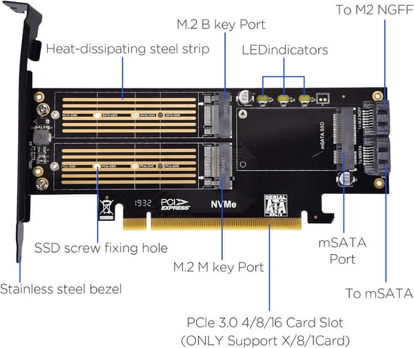 3 i 1 M.2 og mSATA SSD-adapterkort til M.2 NVME/NGFF SSD til PCIE-adapter, mSATA til SATA-adapter med aluminiumkøleplade til Windows, Mac og Linux O