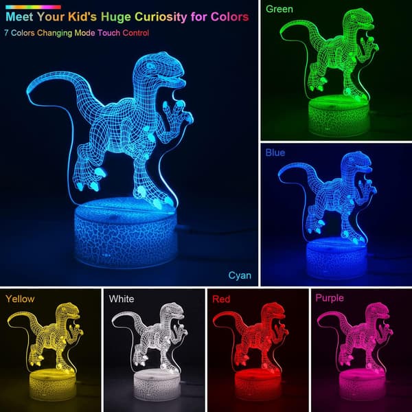 Dinosaur 3D Natlampe, 3D Illusion Bordlamper med 7