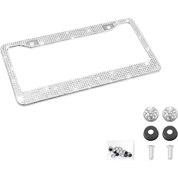 Bling Bilskilt Ramme, Håndlavet Krystal Rustfrit Stål Nummerplade Ramme, Funklende, Holdbar, Universal Pasform, Biltilbehør til Piger, W White