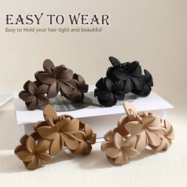 4PCS Blomsterhårklemmer, Matte Klohårklemmer til Kvinder, Blomsterklemmer til Tykt Tyndt Hår, Store Blomsterhårkloklemmer til Kvinder Flower Style 3