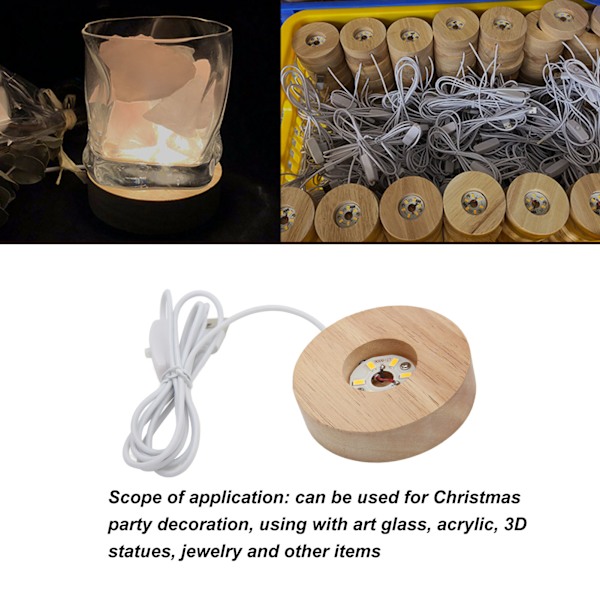 LED-lysbase USB-interface egetræmateriale rund 2cm/0,8in tykkelse glødende dekorativ displaylampe til hjemmet 5V Warm Light Base