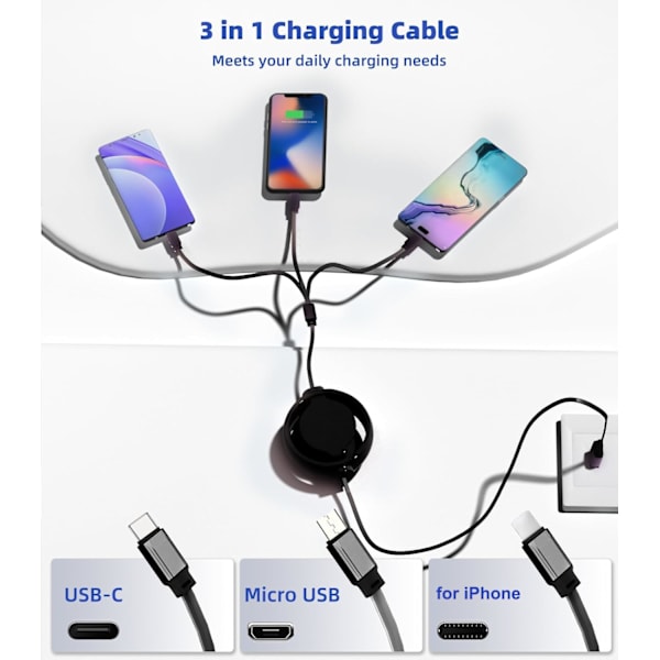 3-i-1 Retraktil Laddningskabel [3A, 1m] Multi USB-kabel Snabbladdare för Telefon, Samsung, iPad, Surfplattor, Switch och Mer Black