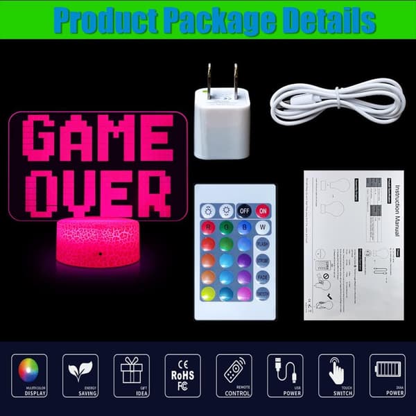 Gaming Lampe Game Over Nattlys 3D Illusjonslamper, Dimbare