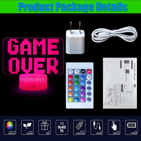 Gaminglampa Game Over Nattlampa 3D Illusion Lampor, Dimbar