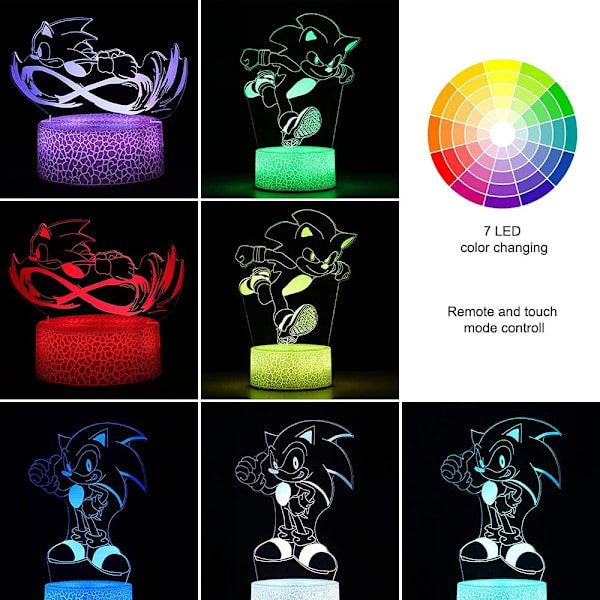 3D Sonic Anime Nattlampe - LED Illusionslampe med 3 Mønstre og 16 Fargeendringer Dekor Bordlampe med Fjernkontroll