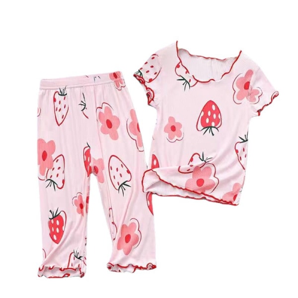 Flickkläder Tunna Pyjamas Jordgubbsmönster, S (Rosa)