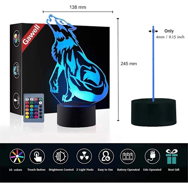 3D Illusion Födelsedagspresent Lampa, 16 Färger Ändrar Touch S