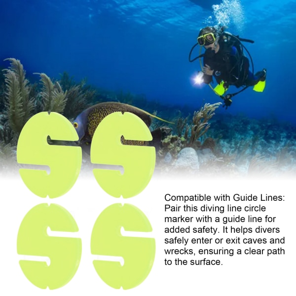 4 stk. Cave Diving Line Circle Marker ABS Scuba Safety Rope Line Round Marker for Underwater Fluorescent Yellow