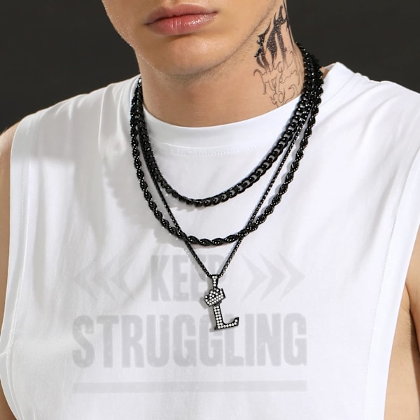 Krone Initial A-Z Halskæde, Iced Out Bogstav Vedhæng med 22-24 Tommer Kæde, Mænd Kvinder Bling Hip Hop Alfabet Navn Smykker Gave Store Initialer Halskæder L Black