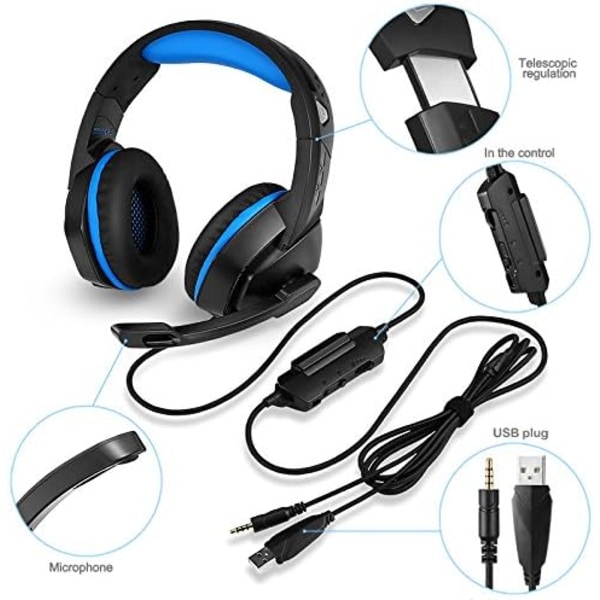 PS4 Gaming Headset med 7.1 Surround Sound, Xbox One Headset med støjreducerende mikrofon og LED-lys, Over Ear-hovedtelefoner, Kompatibel med Nintendo Swit Black Blue