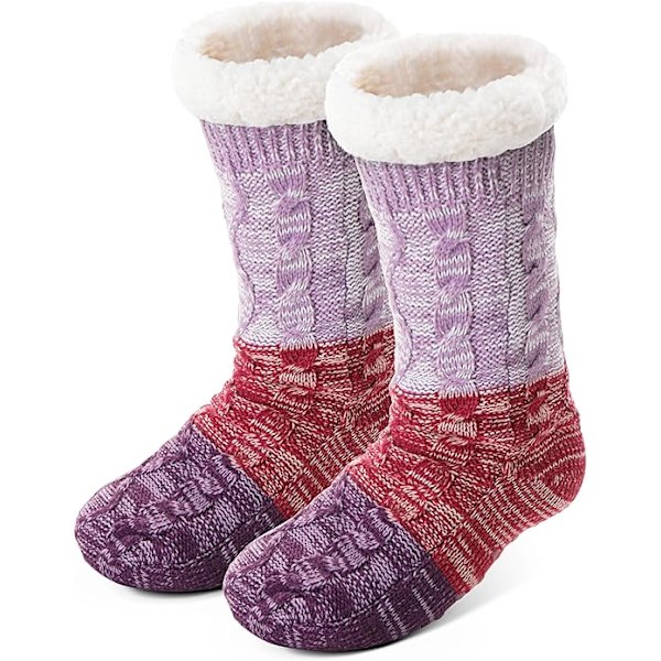Damtofflor i strumpa med halkfritt grepp, fluffiga, tjocka, varma, mysiga och bekväma, mjuka fleece-strumpor för hemmet Purple