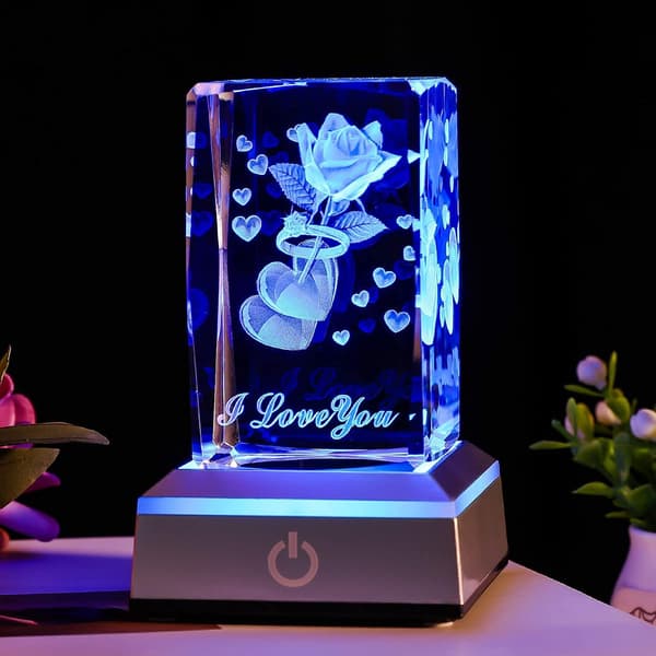 Jeg Elsker Dig 3D Ring Rose Krystal med LED Farve Natlys