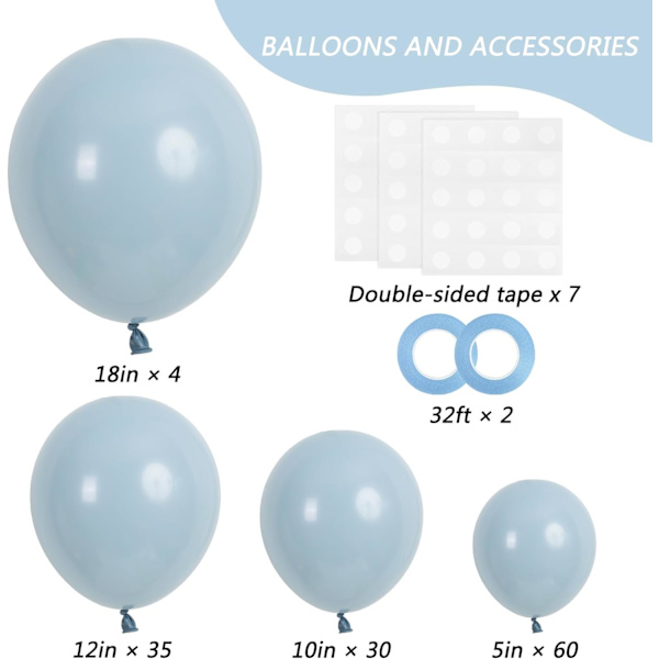129 stk. støvede blå balloner i forskellige størrelser 18 12 10 5 tommer latex haze blå ballonbue til festdekoration fødselsdag bryllup forlovelser Ann Haze Blue